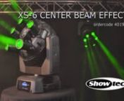 Showtec XS-6, ordercode 40193.nThe XS-6 is a center effect with 6 moving heads on a round rotating base. The beam angles is 4 degree which create 6 fat beams that are fully controllable. All moving heads have 9 gobos and 7 dichros, a dimmer, a shutter function and a manual focus. All functions can be controlled separately in the advanced DMX personality. The rotating of the base is endless and can also be controlled by DMX. Besides full control it also has a convenient 15Ch DMX mode, auto progra