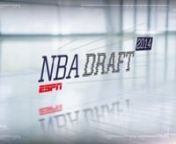 The 2014 NBA Draft is back on ESPN! Tease / promotional elements produced in collaboration with Jump Studios (http://jumpstudios.tv) for ESPN. nnwww.evolve.studionn***See more Evolve work on our Vimeo Channel: https://vimeo.com/channels/evolvestudio ***nnCredits:nnESPNnExecutive Producer: Julie McClonenProducer / Writer: Seth HayesnProduction Manager: Ali CurtisnnJump Studios: Live action direction, design and animation, post-productionnCreative Director/Director: Jeff AugustnDesigner/Lead Anima