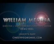 I am WILLIAM MEDINA, a freelance filmmaker and photographer from Miami-Dade County FL. nnIhave held positions in the industry such as: Producer / Line Producer / Field Producer / Director / DOP / Cinematographer / Editor / Writer / Grip / P.A. / BTS Director &amp; Photographer.nnCurrently living in the Miami FL. area but do travel to New York,Las Vegas and Southern California area for work. For booking and rates please contact me by phone @(305)975.9699 or by email @Cinestryeg@gmail.com.nnPR