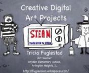 Here are a dozen ideas in less than 10minutes for how you can use technology in your art room.nThis movie was my AOE Online Conference presentation from summer 2013 finally ready for public viewing!nExplore this one link to find over 175 STEAM art lessons: https://www.smore.com/tgcne-steam-art-lessonsnI have over 60 iPad art lesson on my website here: http://drydenart.weebly.com/creating-on-ipads.htmlnand a list of tech rich art lessons here: http://fuglevision.wikispaces.com/List+of+Technology+