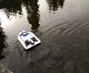 My contribution to Solsiden Båtrace, the RC boat competition at Maker Faire Trondheim 2016.nThis boat won the award for best construction and creativity! nnIt has a styrofoam hull with 12x2 counter-rotating server fans as propulsion, powered by a 5000mAh 3s LiPo battery. Eight of the fans are pushing air and four are pushing water.nnThe boat is equipped with a moonpool in the center, a combined figurehead and lifeboat in the rubber duck at the bow and a LEGO Jack Sparrow as the captain at the s