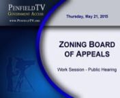 Video posted by Penfield TV (penfieldtv.org) (https://www.facebook.com/PenfieldTV.org) (twitter.com/penfieldtv)nChairman Daniel DeLaus - All Board Members Presentn00:00:19 Worksession Call to Order - Approval of the Minutesn00:01:20 Pre-Hearing Discussion by the Boardn00:06:44 Public Hearing Call to Order - Pledgenn00:09:53 Public Hearing #1n01:28:08 Deliberation on #15Z-0023nJohn Mueller, 37 Watersong Trail, Webster, NY 14580 requests an Area Variance under Article III-3-35-E of the Code to all
