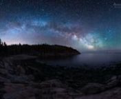 For a little over a decade now I’ve been working towards a goal of shooting a 360° timelapse over a 24hr time period with a single camera. This is almost 9hrs of spherical panoramas, from 08:04 PM on May 20, 2015 to 04:51 AM on the 21st, of the Milky Way rising over Hunter’s Beach in Acadia National Park, Maine. I used a Nikon D810, shaved Nikon 10.5mm f/2.8 fisheye (forced to FX format), Panoneed robotic panning head, Ramper Pro, Goal Zero Sherpa 100, and Really Right Stuff TVC-34L tripod,