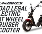 This and more available at https://www.funbikes.co.uknnFunBikes Road Legal Red Electric Fat Wheel Cruiser ScooternnNew minimalist uber cool design. A hybrid of an electric vehicle and scooter. We call this the cool cruiser of electric scooters.nnWith a 1200watt electric motor powered by a removable 60 volt, 20AH lithium battery, optimum range is circa 35 miles, the speed is approx. 30 mph and with a maximum rider weight of 200kg!nnThis is the very latest and clearly the best design with the fron