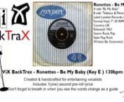 ViX BackTrax - Ronettes - Be My Baby (Key E ) 130bpmnCreated &amp; edited to entertain an audience. ViC © 2018nnThe reason I create these BackTraX is becasue I can&#39;t stand hearing entertainers, karaoke singers &amp; live bands using inferior backing tracks.nIn the case of live bands it&#39;s more of them winging it on songs that they don&#39;t have Keys, Brass or Quality Backing Vocals for.nI&#39;d sooner hear the original artist &amp; the original recording blasting out of the P.A with flat EQ.nnTherefore