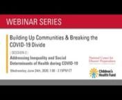 Webinar Session 2: Addressing Inequality and Social Determinants of Health during COVID-19nnModerator: Jonathan Sury, MPH CPHnnIntroductory Remarks: Irwin Redlener, MD nnSpeakers:n• David Abramson, PhD MPH, Clinical Associate Professor at NYU&#39;s School of Global Public Healthn• Nicolette Louissaint, PhD, Executive Director, Health Care Readyn• Michael Maurer, MD University of Miami Pediatric Mobile Health UnitnnClosing Remarks: Susan Spalding MD, Senior Medical Advisor, Children&#39;s Health Fu