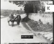 Life in Rural Ireland, 1910s, 1920s, 16mm from the Kinolibrary Archive Film Collections. To order the clip clean and high res for your commercial project or to find out more visit http://www.kinolibrary.com. Available in 2K. Clip ref KLR1491.nSubscribe for more high quality, rare and inspiring clips from our extensive archive of footage.nnGreat shot children around 8yo with donkey walking towards camera on country lane. Boy leading donkey, three younger girls sitting in carriage on the back. Don