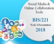 BIS/221 Brand NEW 2018 Tutorials JUST UPLOADED! Download NOW @ http://UOP-Tutorials.info/bis221.htmlnnSocial Media and Online Collaboration ToolsnInstructions:nPurpose of AssignmentnThe purpose of this assignment is to familiarize students with thenmultiple collaboration tools available. Students will evaluate three onlinencollaboration tools and choose one to suit their needs. Students willncreate a PowerPoint® presentation to display the advantages andndisadvantages of each tool, recommend on