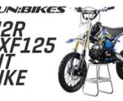 The M2R KXF125 Pit BikennThe KXF125 pit bike is the ideal bike for riders taking the next step up from a mini dirt bike or riders aged 12 and up.nnEquipped with a 120cc engine that inspires confidence due to its lovely power delivery, this little beauty can take anything in its stride!nnFrom field and gravel tracks to a full blown Moto X course, the KXF125 will perform splendidly. (For MX we recommend the excellent DNM Rear shock upgrade).nnThe KXF125 is a mid-sized pit bike and has a 4 speed ma