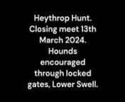 Video from Heythrop Hunt closing meet Wednesday 13th March 2024.nA huntsman on foot is often an ominous sign. It can mean he&#39;s off to have a pee, he has fallen off or something innocentish. It can also mean a kill, fox gone to ground or as in the case here, the huntsman is going where his horse cannot, to encourage hounds on over 2 locked gates.nLater on the A424 at the time the person filming believed that they had killed. The yellow