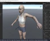For our annual Unity hackweek 2021, we prototyped an FDDA based algorithm using the Barracuda package (ML inference library) in Unity to runtime evaluate trained NNs for deformation.nThis custom deformer essentially does a rigid skinning pass followed by an ML correction pass to displace vertices based on bone rotations.nnLinks:nnBarracuda - https://docs.unity3d.com/Packages/com.unity.barracuda@2.1/manual/index.htmlnnFDDA Paper - http://graphics.berkeley.edu/papers/Bailey-FDD-2018-08/