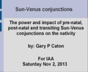 This lecture demonstrates the power and impact of pre-natal, post-natal, and transiting Sun-Venus conjunctions upon the other planets in the horoscope. The Sun illuminates. Venus shows what we love, value, and attract. When together they impact another planet in the horoscope, this shows us what role(s) are likely to become valued and invested in by the native, as a source of personal illumination.
