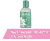 https://www.pinkcherry.com/products/swirl-flavored-lube-4-2oz-125ml-in-green-apple (PinkCherry US) nhttps://www.pinkcherry.ca/products/swirl-flavored-lube-4-2oz-125ml-in-green-apple (PinkCherry Canada)nnA splash of delicious flavor has been added to the clean, simple and amazingly natural Sliquid line of lubricants, creating Sliquid Swirl, a collection of taste-bud tempting water based intimate lubes. Offering a healthier choice for mindful women (and men), these lubes are free of DEA, gluten, g