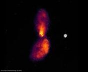 A video showing the radio galaxy, Centaurus A, which hosts the closest actively feeding black hole to Earth.n nThe video shows the apparent size of the galaxy at optical, X-ray and submillimetre wavelengths from Earth when compared to the Moon. It then zooms out to show the enormous extent of the surrounding bubbles that are observed at radio wavelengths.n nAstronomers have produced the most comprehensive image of radio emission from the nearest actively feeding supermassive black hole to Earth.