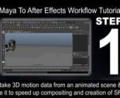 This is a video tutorial demonstrating how to transfer motion data from Autodesk Maya to Adobe After Effects and use this tool to accelerate production work and save render time.nnMaya ASCII (.ma) is used as the main file format to transfer data between Maya and After Effects and can also be used to share motion capture data between many effects programs including PFTrack, PFMatchit, MatchMover, Nuke and many more.nnThis same process can be used with other 3D animation software such as 3ds Max a