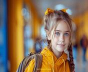Prompt Midjourney : Cute smiling girl ready to back to school on yellow background . --ar 3:2 --s 750 --v 6.0