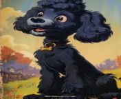Prompt Midjourney : Tex Avery&#39;s illustration depicting a black toy poodle --chaos 10 --ar 2:3 --style raw --stylize 400