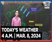 Today&#39;s Weather, 4 A.M. &#124; Mar. 8, 2024&#60;br/&#62;&#60;br/&#62;Video Courtesy of DOST-PAGASA&#60;br/&#62;&#60;br/&#62;Subscribe to The Manila Times Channel - https://tmt.ph/YTSubscribe &#60;br/&#62;&#60;br/&#62;Visit our website at https://www.manilatimes.net &#60;br/&#62;&#60;br/&#62;Follow us: &#60;br/&#62;Facebook - https://tmt.ph/facebook &#60;br/&#62;Instagram - https://tmt.ph/instagram &#60;br/&#62;Twitter - https://tmt.ph/twitter &#60;br/&#62;DailyMotion - https://tmt.ph/dailymotion &#60;br/&#62;&#60;br/&#62;Subscribe to our Digital Edition - https://tmt.ph/digital &#60;br/&#62;&#60;br/&#62;Check out our Podcasts: &#60;br/&#62;Spotify - https://tmt.ph/spotify &#60;br/&#62;Apple Podcasts - https://tmt.ph/applepodcasts &#60;br/&#62;Amazon Music - https://tmt.ph/amazonmusic &#60;br/&#62;Deezer: https://tmt.ph/deezer &#60;br/&#62;Tune In: https://tmt.ph/tunein&#60;br/&#62;&#60;br/&#62;#themanilatimes&#60;br/&#62;#WeatherUpdateToday &#60;br/&#62;#WeatherForecast