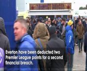 Everton have been deducted two Premier League points for a second financial breach. The Toffees have already been hit with a six-point deduction this season relating to profit and sustainability rules (PSR). The second PSR breach relates to the three-year cycle to 2022-23. The two-point deduction moves Everton down one place to 16th in the table, two points above the relegation zone. Report by Jonesia. Like us on Facebook at http://www.facebook.com/itn and follow us on Twitter at http://twitter.com/itn