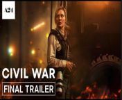 From writer/director Alex Garland and starring Kirsten Dunst, Wagner Moura, Stephen McKinley Henderson, and Cailee Spaeny. CIVIL WAR – In Theaters April 12, 2024.&#60;br/&#62;&#60;br/&#62;RELEASE DATE: April 12, 2024&#60;br/&#62;DIRECTOR: Alex Garland&#60;br/&#62;CAST: Kirsten Dunst, Wagner Moura, Stephen McKinley Henderson, and Cailee Spaeny