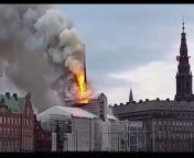 Videos show Copenhagen's Old Stock Exchange up in flames, collapsing from hot shutter stock body