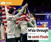 The national side will now take on China for a place in the final.&#60;br/&#62;&#60;br/&#62;&#60;br/&#62;Read More: https://www.freemalaysiatoday.com/category/nation/2024/05/02/malaysia-make-it-to-semi-finals-of-thomas-cup/&#60;br/&#62;&#60;br/&#62;Laporan Lanjut: https://www.freemalaysiatoday.com/category/bahasa/tempatan/2024/05/02/malaysia-melangkah-ke-separuh-akhir-piala-thomas/&#60;br/&#62;&#60;br/&#62;Free Malaysia Today is an independent, bi-lingual news portal with a focus on Malaysian current affairs.&#60;br/&#62;&#60;br/&#62;Subscribe to our channel - http://bit.ly/2Qo08ry&#60;br/&#62;------------------------------------------------------------------------------------------------------------------------------------------------------&#60;br/&#62;Check us out at https://www.freemalaysiatoday.com&#60;br/&#62;Follow FMT on Facebook: https://bit.ly/49JJoo5&#60;br/&#62;Follow FMT on Dailymotion: https://bit.ly/2WGITHM&#60;br/&#62;Follow FMT on X: https://bit.ly/48zARSW &#60;br/&#62;Follow FMT on Instagram: https://bit.ly/48Cq76h&#60;br/&#62;Follow FMT on TikTok : https://bit.ly/3uKuQFp&#60;br/&#62;Follow FMT Berita on TikTok: https://bit.ly/48vpnQG &#60;br/&#62;Follow FMT Telegram - https://bit.ly/42VyzMX&#60;br/&#62;Follow FMT LinkedIn - https://bit.ly/42YytEb&#60;br/&#62;Follow FMT Lifestyle on Instagram: https://bit.ly/42WrsUj&#60;br/&#62;Follow FMT on WhatsApp: https://bit.ly/49GMbxW &#60;br/&#62;------------------------------------------------------------------------------------------------------------------------------------------------------&#60;br/&#62;Download FMT News App:&#60;br/&#62;Google Play – http://bit.ly/2YSuV46&#60;br/&#62;App Store – https://apple.co/2HNH7gZ&#60;br/&#62;Huawei AppGallery - https://bit.ly/2D2OpNP&#60;br/&#62;&#60;br/&#62;#FMTNews #ThomasCup2024 #Malaysia #China #SemiFinals