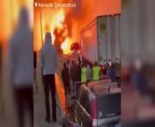 Videos show massive fire on highway after petrolium tank crash from man on fire