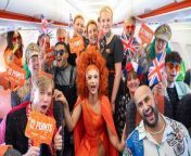 Britain’s ultimate Eurovision superfans have landed in Sweden for this year’s contest. &#60;br/&#62;&#60;br/&#62;A group of fanatics, draped in sequins and sparkles inspired by the competition, arrived at Copenhagen airport before travelling to the venue in Malmö ahead of the semi-final. &#60;br/&#62;&#60;br/&#62;The mega fans boarded an easyJet flight, the official airline of the contest, from London Gatwick at the crack of dawn which descended into singalongs to get the party started. &#60;br/&#62;&#60;br/&#62;The flight featured dedicated themed baggage drop, fancy dress, and a talent show at 40,000 feet, hosted by Drag Race star Tia Kofi.