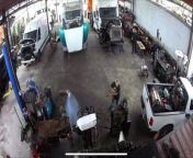 This technician was trying to use the welder machine at a diesel repair shop when he accidentally knocked over a gas tank. It exploded and spiraled out of control. The men ran away in a panic while it hit a cart and blasted into a truck.&#60;br/&#62;&#60;br/&#62;*The underlying music rights are not available for license. For use of the video with the track(s) contained therein, please contact the music publisher(s) or relevant rightsholder(s).