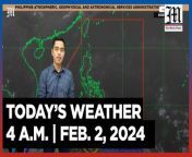 Today&#39;s Weather, 4 A.M. &#124; Feb. 2, 2024&#60;br/&#62;&#60;br/&#62;Video Courtesy of DOST-PAGASA&#60;br/&#62;&#60;br/&#62;Subscribe to The Manila Times Channel - https://tmt.ph/YTSubscribe &#60;br/&#62;&#60;br/&#62;Visit our website at https://www.manilatimes.net &#60;br/&#62;&#60;br/&#62;Follow us: &#60;br/&#62;Facebook - https://tmt.ph/facebook &#60;br/&#62;Instagram - https://tmt.ph/instagram &#60;br/&#62;Twitter - https://tmt.ph/twitter &#60;br/&#62;DailyMotion - https://tmt.ph/dailymotion &#60;br/&#62;&#60;br/&#62;Subscribe to our Digital Edition - https://tmt.ph/digital &#60;br/&#62;&#60;br/&#62;Check out our Podcasts: &#60;br/&#62;Spotify - https://tmt.ph/spotify &#60;br/&#62;Apple Podcasts - https://tmt.ph/applepodcasts &#60;br/&#62;Amazon Music - https://tmt.ph/amazonmusic &#60;br/&#62;Deezer: https://tmt.ph/deezer &#60;br/&#62;Stitcher: https://tmt.ph/stitcher&#60;br/&#62;Tune In: https://tmt.ph/tunein&#60;br/&#62;&#60;br/&#62;#TheManilaTimes&#60;br/&#62;#WeatherUpdateToday &#60;br/&#62;#WeatherForecast