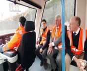 Rail minister Huw Merriman MP takes a ride on the Coventry Very Light Rail train at the Very Light Rail National Innovation Centre in Dudley