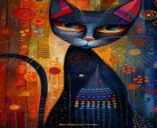 Prompt Midjourney : Laurel Burch&#39;s illustration depicting a cat --chaos 10 --ar 2:3 --stylize 400