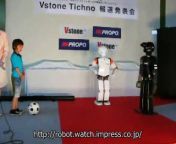 If that kid looks a tad uncomfortable, itâ€™s because he just schooled Vstoneâ€™s new Tichno robot on the pitch. Hard not to, really. Although the four-and-a-quarter foot tall / 26-kg (57-pound) Tichno features 2- and 3-axis accelerometers, an aluminum / carbon frame covered in an ABS resin, and the same control board as the Robovie-X, itâ€™s slow, like old-man slow. However, with a price of just Â¥10,000,000 (almost &#36;100,000), we guess you get what you pay for. Video after the break.cer