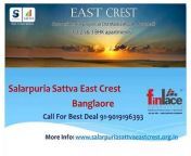 Salarpuria Sattva is renowed developer in real estate industry in Bangalore city. They delivered many luxury projects in Bangalore, and now they are again launching a new luxury project, which named by Salarpuria Sattva East Crest and its location is Old Madras Road, Avalahalli, Bangalore.Salarpuria Sattva East Crestis offering you 1, 2, 2.5, 3 BHK luxury apartment with various amenitieslike- swimming pool, tennis court, pool etc.&#60;br/&#62;Project USP-&#60;br/&#62;&#60;br/&#62;â€¢ Excellent ROI â€“As it is a fast growing location that connects the IT Corridor between south Bangalore and North Bangalore ( BIAL).&#60;br/&#62;â€¢ Located on the main road with quick connectivity to upmarket locations and all social infrastructure.&#60;br/&#62;â€¢ Connectivity will be inhanced with upcoming metro plans.&#60;br/&#62;â€¢ Connectivity will be improved with upcoming infrastructures.&#60;br/&#62;&#60;br/&#62;More info at : http://www.salarpuriasattvaeastcrest.org.in/&#60;br/&#62;For more info visit us at:&#60;br/&#62;Finlace Consulting Pvt. Ltd&#60;br/&#62;91-9019196393&#60;br/&#62;