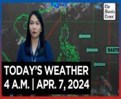 Today&#39;s Weather, 4 A.M. &#124; Apr. 7, 2024&#60;br/&#62;&#60;br/&#62;Video Courtesy of DOST-PAGASA&#60;br/&#62;&#60;br/&#62;Subscribe to The Manila Times Channel - https://tmt.ph/YTSubscribe &#60;br/&#62;&#60;br/&#62;Visit our website at https://www.manilatimes.net &#60;br/&#62;&#60;br/&#62;Follow us: &#60;br/&#62;Facebook - https://tmt.ph/facebook &#60;br/&#62;Instagram - Ahttps://tmt.ph/instagram &#60;br/&#62;Twitter - https://tmt.ph/twitter &#60;br/&#62;DailyMotion - https://tmt.ph/dailymotion &#60;br/&#62;&#60;br/&#62;Subscribe to our Digital Edition - https://tmt.ph/digital &#60;br/&#62;&#60;br/&#62;Check out our Podcasts: &#60;br/&#62;Spotify - https://tmt.ph/spotify &#60;br/&#62;Apple Podcasts - https://tmt.ph/applepodcasts &#60;br/&#62;Amazon Music - https://tmt.ph/amazonmusic &#60;br/&#62;Deezer: https://tmt.ph/deezer &#60;br/&#62;Tune In: https://tmt.ph/tunein&#60;br/&#62;&#60;br/&#62;#TheManilaTimes&#60;br/&#62;#WeatherUpdateToday &#60;br/&#62;#WeatherForecast