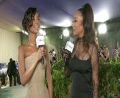 South African musician Tyla stops to talk with host La La Anthony to break down her stunning Balmain sand dress