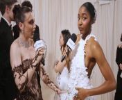 Ayo Edebiri talks with Emma Chamberlain at the 2024 Met Gala about getting to direct episodes of “The Bear” as well as her “first Met” nerves.